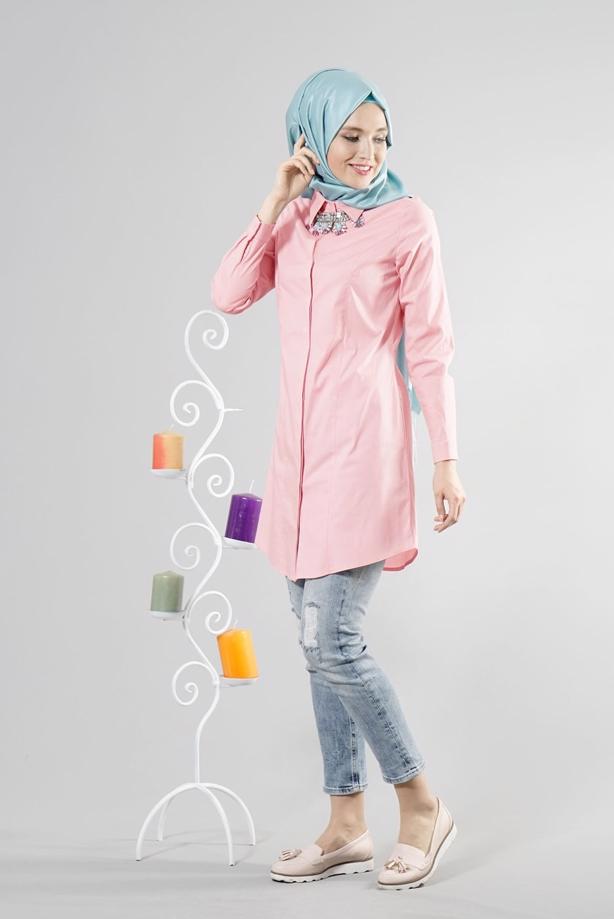 Tesettür giyim  T 271 Hewes Line Erkek Yaka Gizli Düğmeli Tunik - TRENDTESETTÜR