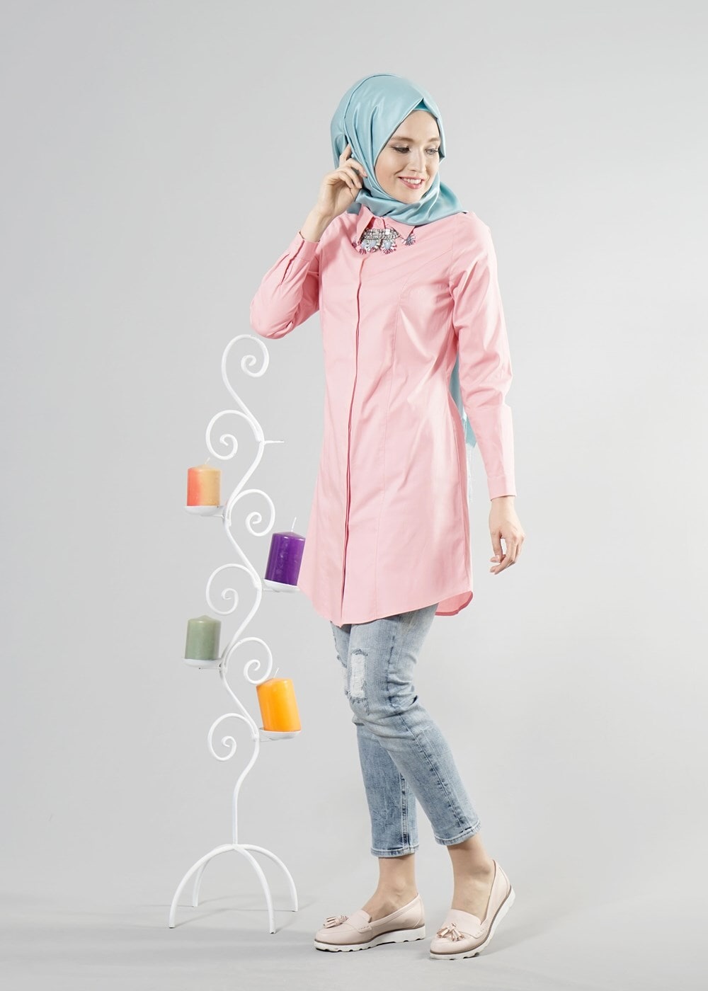 Tesettür giyim PUDRA T 271 Hewes Line Erkek Yaka Gizli Düğmeli Tunik