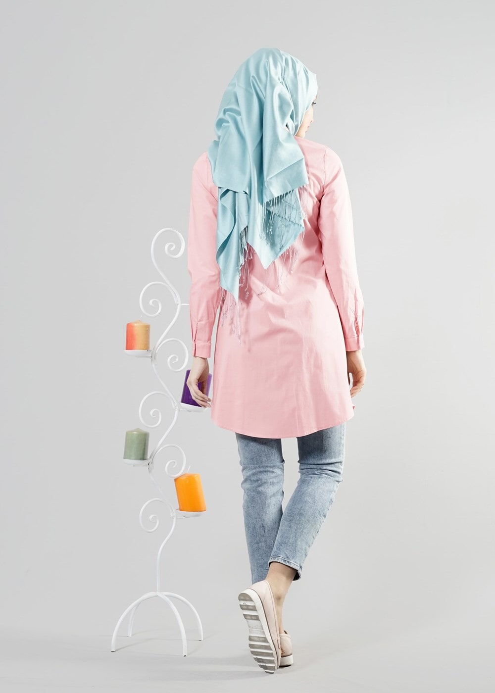 Tesettür giyim PUDRA T 271 Hewes Line Erkek Yaka Gizli Düğmeli Tunik