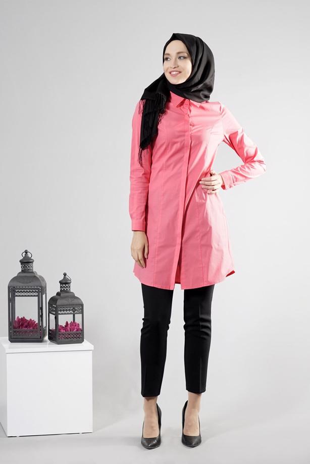 Tesettür giyim  T 271 Hewes Line Erkek Yaka Gizli Düğmeli Tunik - TRENDTESETTÜR