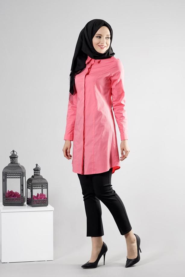 Tesettür giyim  T 271 Hewes Line Erkek Yaka Gizli Düğmeli Tunik - TRENDTESETTÜR