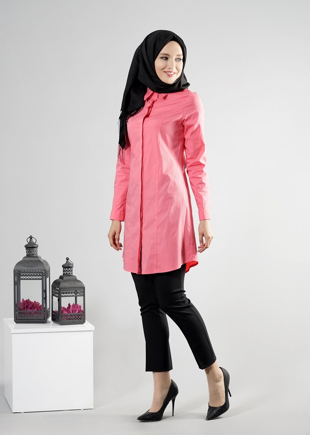 Tesettür giyim YEŞİL T 271 Hewes Line Erkek Yaka Gizli Düğmeli Tunik