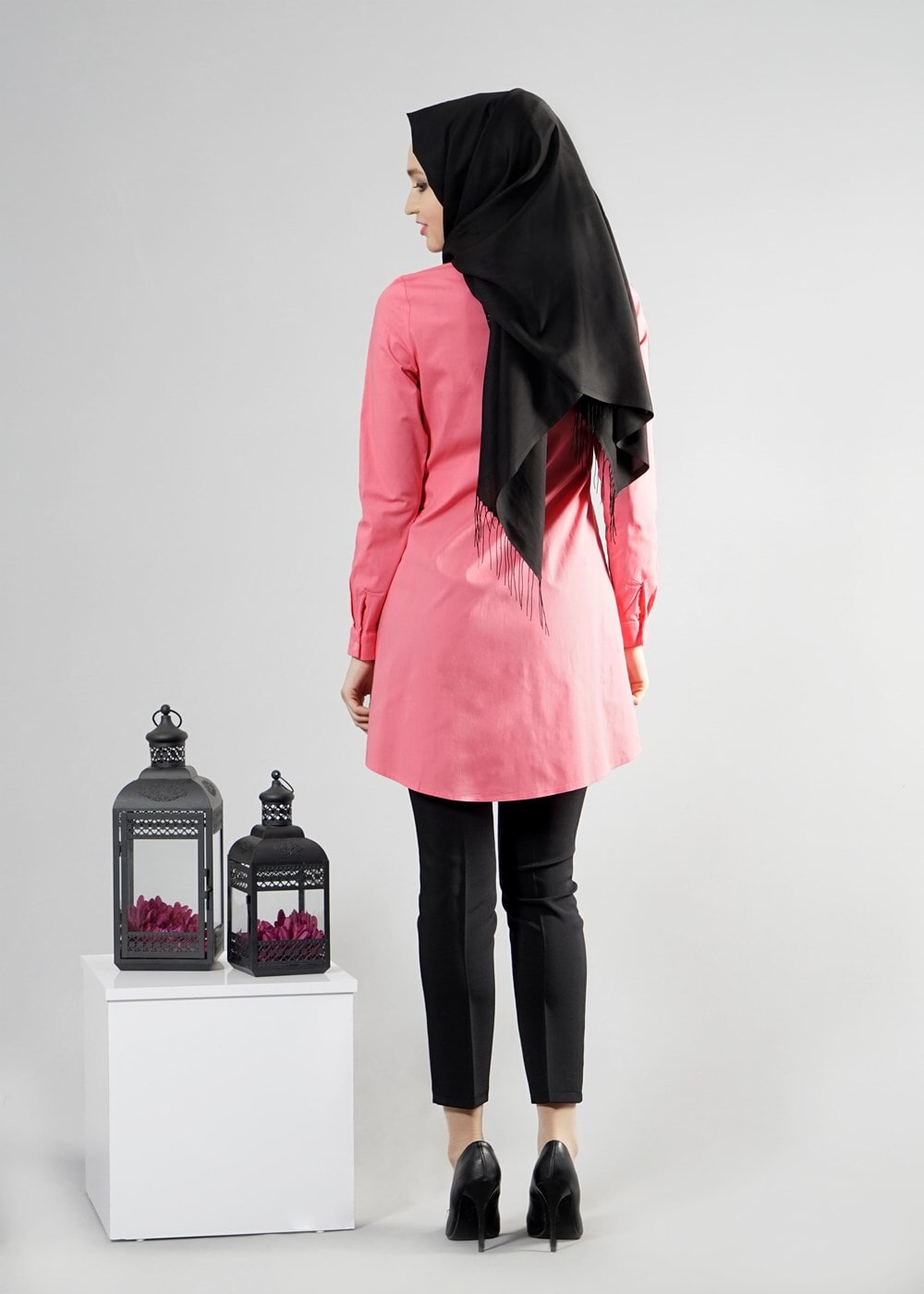 Tesettür giyim YEŞİL T 271 Hewes Line Erkek Yaka Gizli Düğmeli Tunik