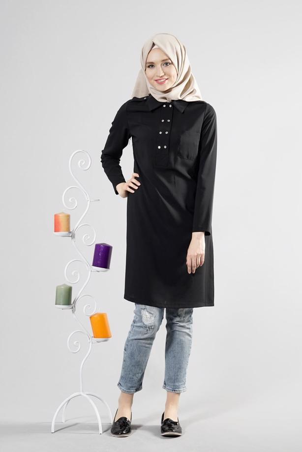 Tesettür giyim  T 277 Hewes Line Düğme Detaylı Erkek Yaka Tunik - TRENDTESETTÜR