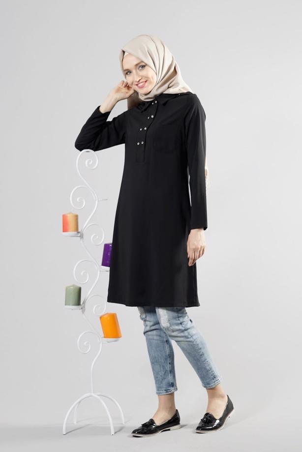 Tesettür giyim  T 277 Hewes Line Düğme Detaylı Erkek Yaka Tunik - TRENDTESETTÜR
