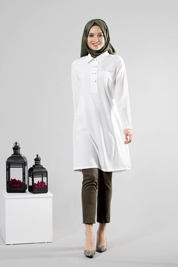 Tesettür giyim  T 277 Hewes Line Düğme Detaylı Erkek Yaka Tunik - TRENDTESETTÜR