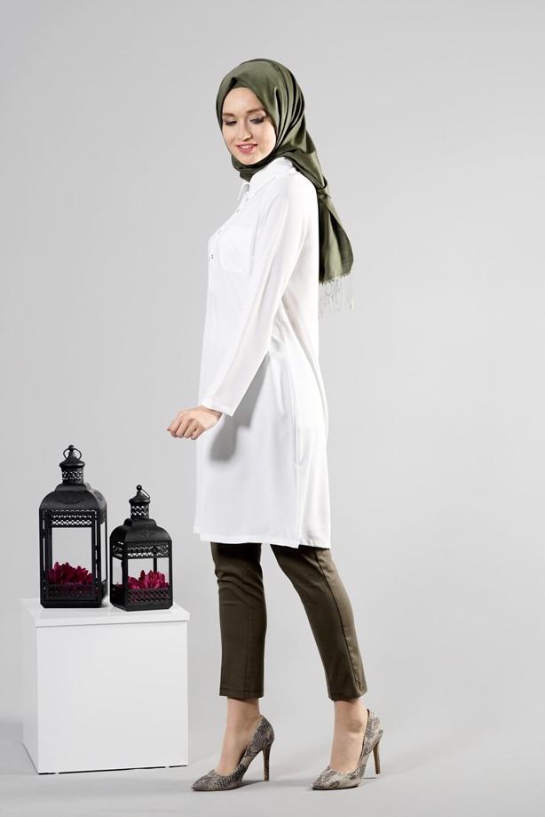 Tesettür giyim  T 277 Hewes Line Düğme Detaylı Erkek Yaka Tunik - TRENDTESETTÜR