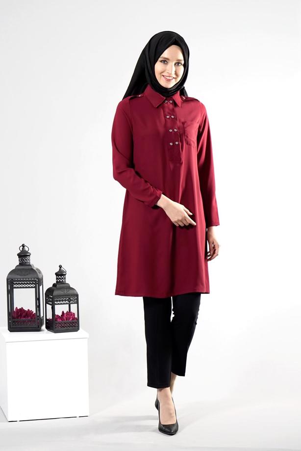 Tesettür giyim  T 277 Hewes Line Düğme Detaylı Erkek Yaka Tunik - TRENDTESETTÜR
