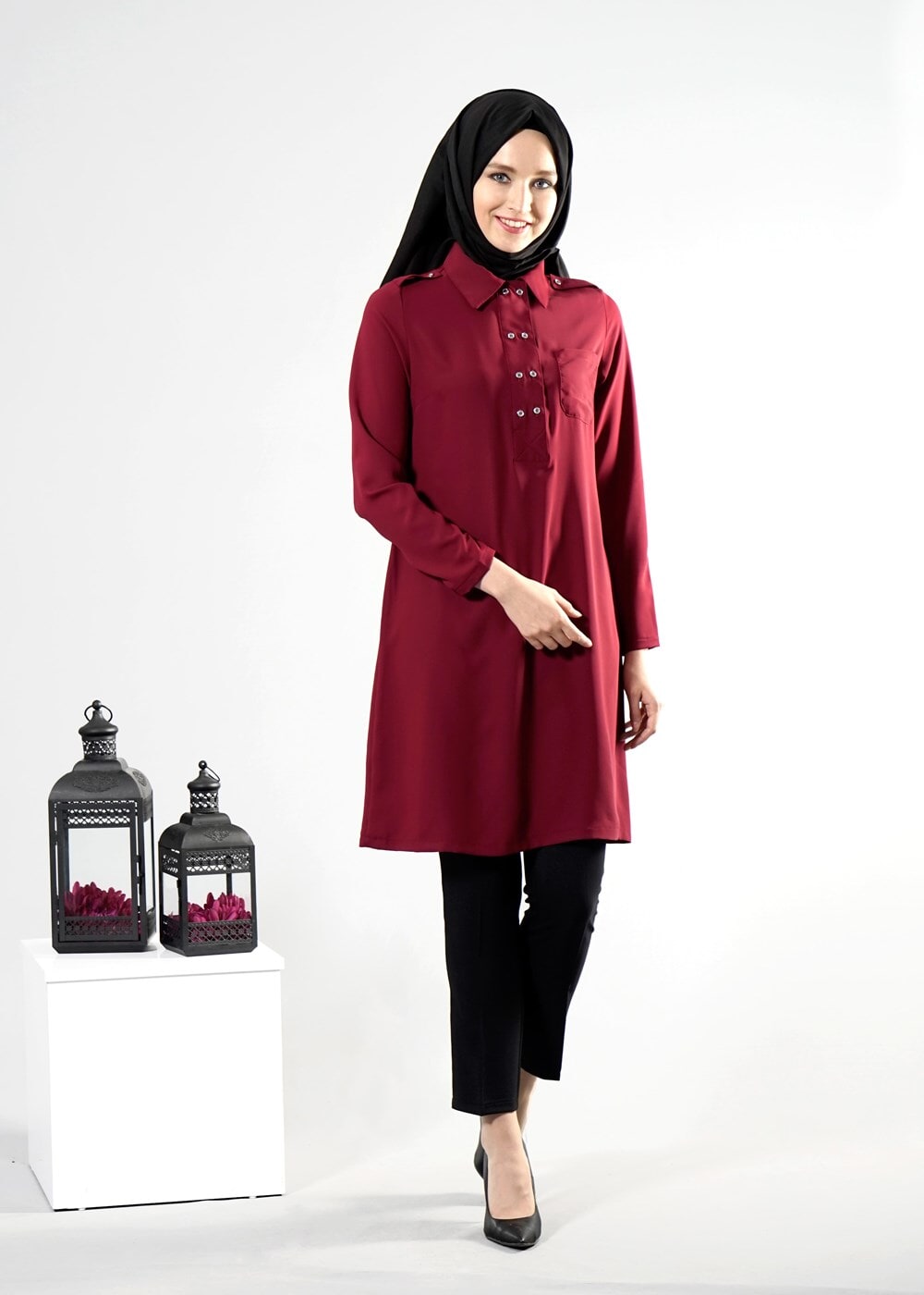 Tesettür giyim BORDO T 277 Hewes Line Düğme Detaylı Erkek Yaka Tunik