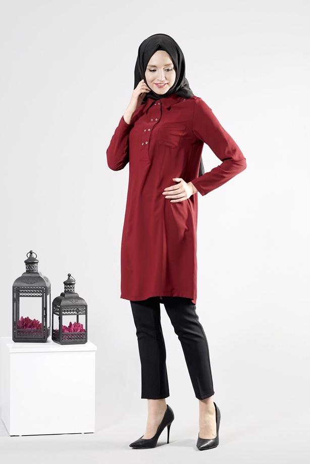 Tesettür giyim  T 277 Hewes Line Düğme Detaylı Erkek Yaka Tunik - TRENDTESETTÜR
