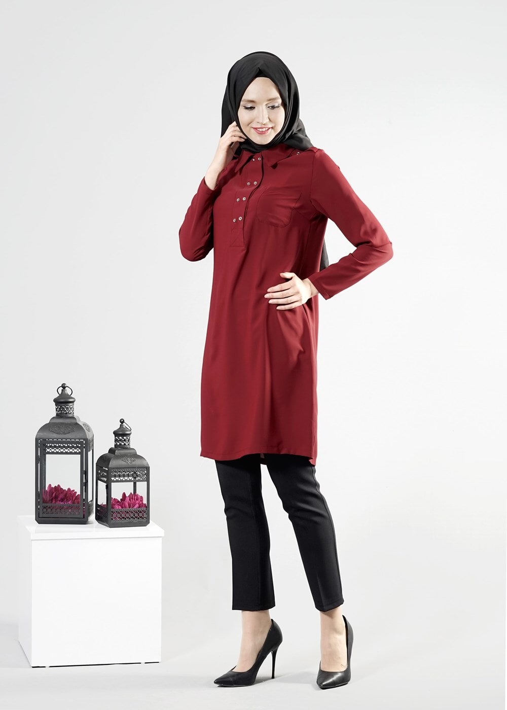 Tesettür giyim BORDO T 277 Hewes Line Düğme Detaylı Erkek Yaka Tunik