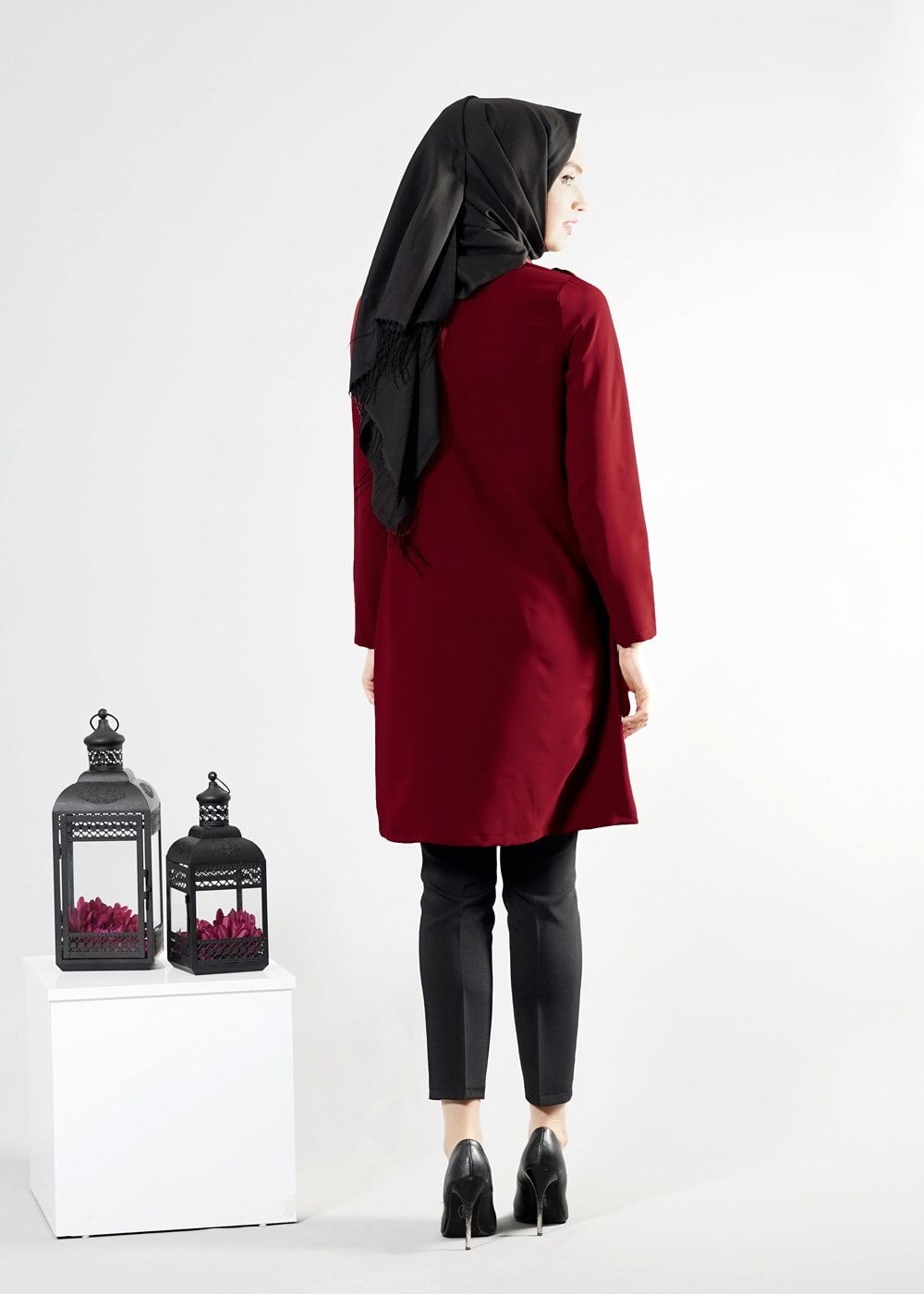 Tesettür giyim BORDO T 277 Hewes Line Düğme Detaylı Erkek Yaka Tunik