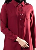 Tesettür giyim BORDO T 277 Hewes Line Düğme Detaylı Erkek Yaka Tunik