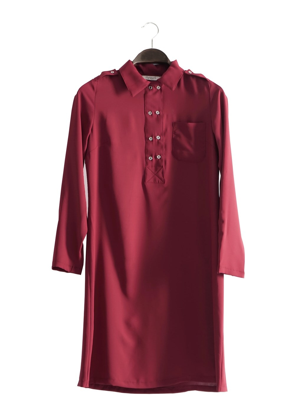 Tesettür giyim BORDO T 277 Hewes Line Düğme Detaylı Erkek Yaka Tunik