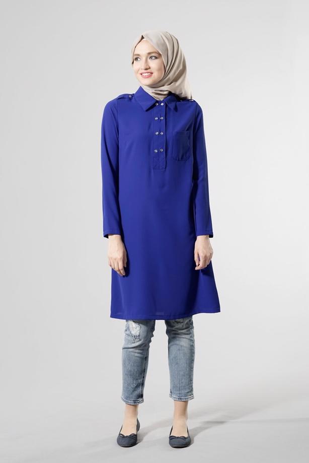 Tesettür giyim  T 277 Hewes Line Düğme Detaylı Erkek Yaka Tunik - TRENDTESETTÜR