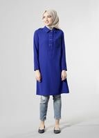 Tesettür giyim LACİVERT T 277 Hewes Line Düğme Detaylı Erkek Yaka Tunik