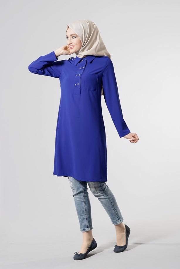 Tesettür giyim  T 277 Hewes Line Düğme Detaylı Erkek Yaka Tunik - TRENDTESETTÜR