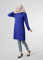 Tesettür giyim LACİVERT T 277 Hewes Line Düğme Detaylı Erkek Yaka Tunik