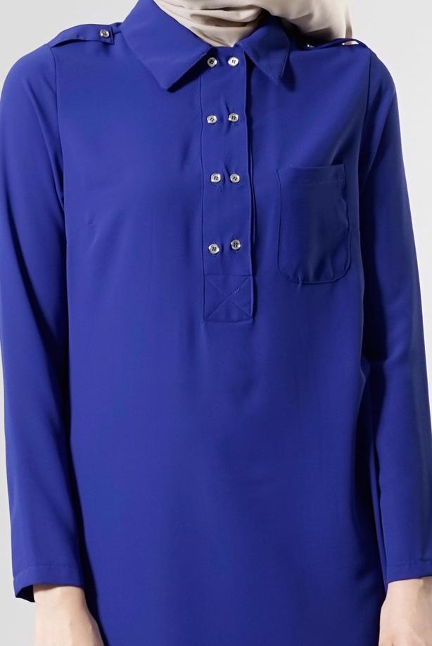 Tesettür giyim  T 277 Hewes Line Düğme Detaylı Erkek Yaka Tunik - TRENDTESETTÜR