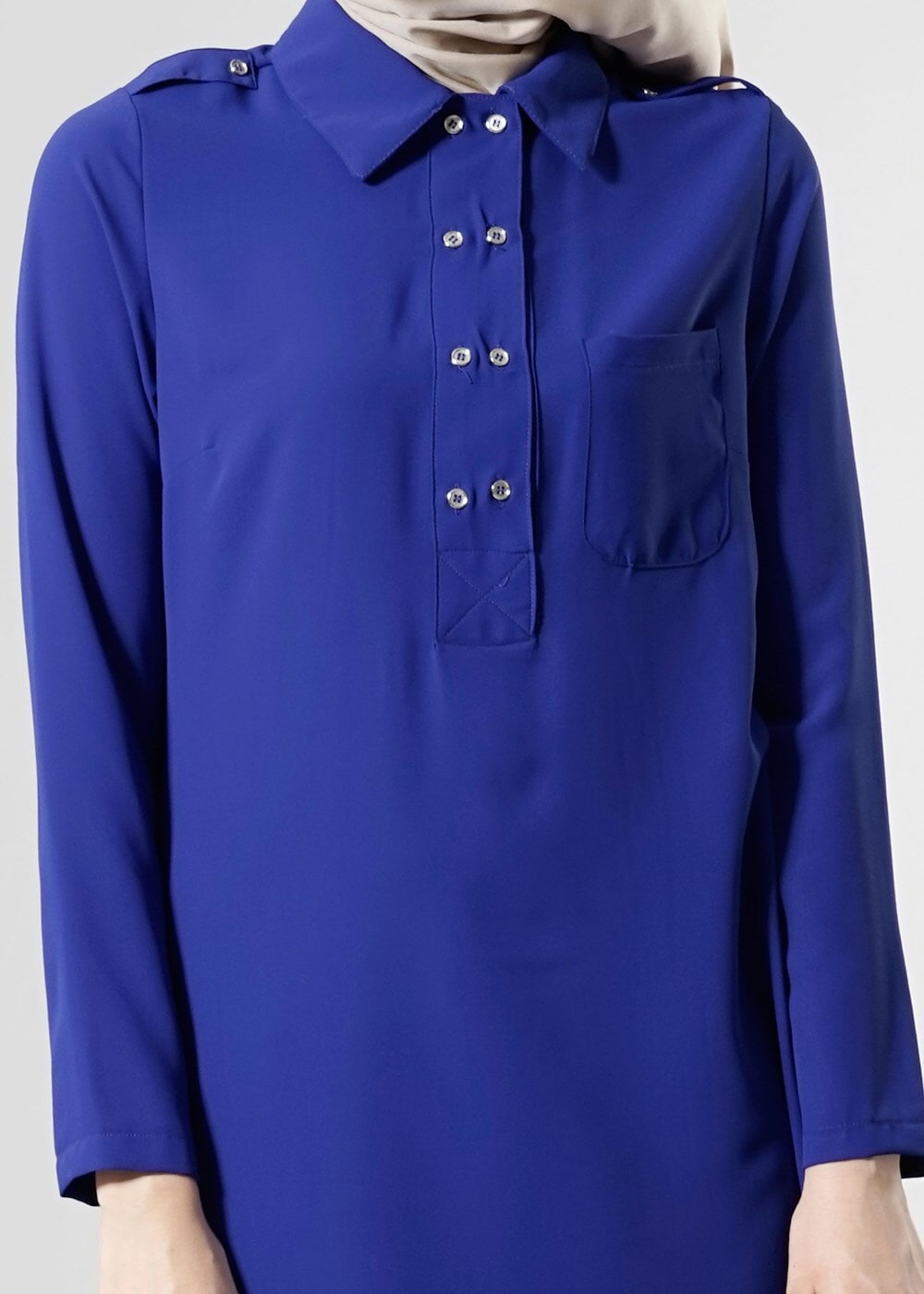 Tesettür giyim LACİVERT T 277 Hewes Line Düğme Detaylı Erkek Yaka Tunik