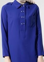 Tesettür giyim LACİVERT T 277 Hewes Line Düğme Detaylı Erkek Yaka Tunik