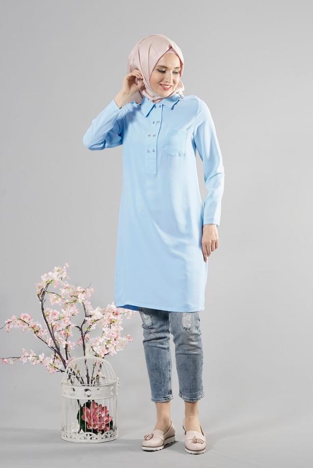 Tesettür giyim  T 277 Hewes Line Düğme Detaylı Erkek Yaka Tunik - TRENDTESETTÜR
