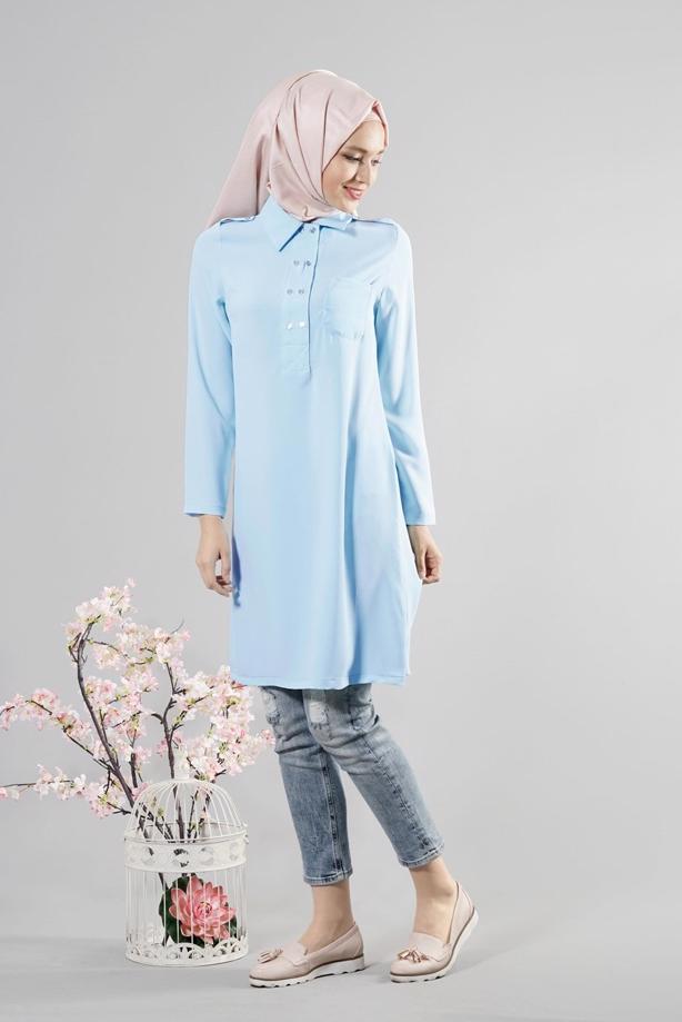 Tesettür giyim  T 277 Hewes Line Düğme Detaylı Erkek Yaka Tunik - TRENDTESETTÜR