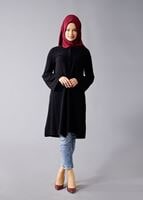 Tesettür giyim SİYAH T 281 Hewes Line- Hakim Yaka Düğmeli Tesettür Tunik