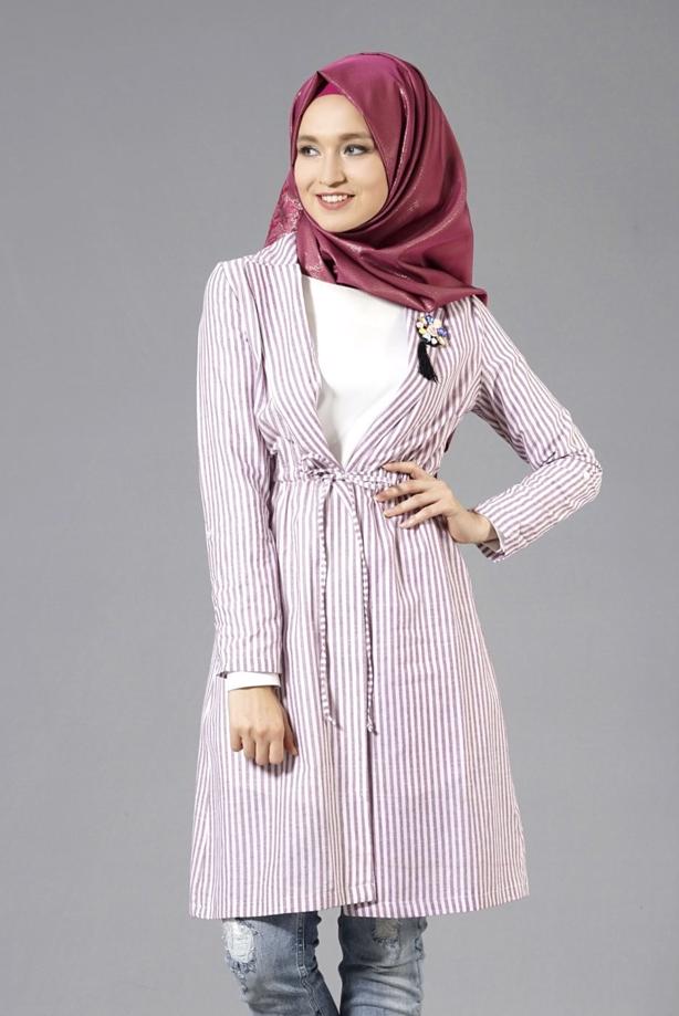 Tesettür giyim  T 282 Hewes Line Çizgi Desen Bağcıklı Ceket - TRENDTESETTÜR