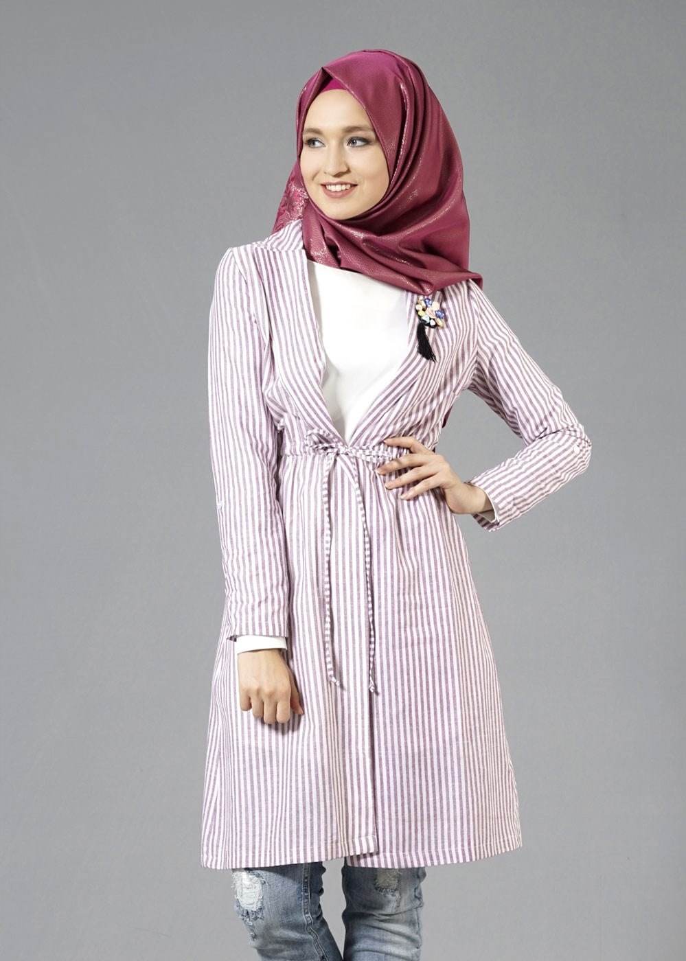 Tesettür giyim MÜRDÜM T 282 Hewes Line Çizgi Desen Bağcıklı Ceket