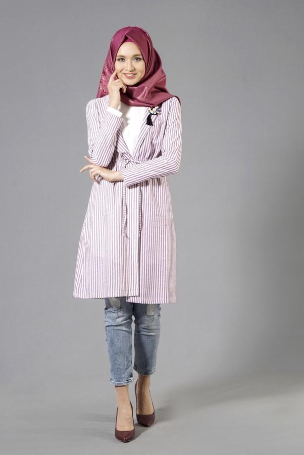 Tesettür giyim  T 282 Hewes Line Çizgi Desen Bağcıklı Ceket - TRENDTESETTÜR