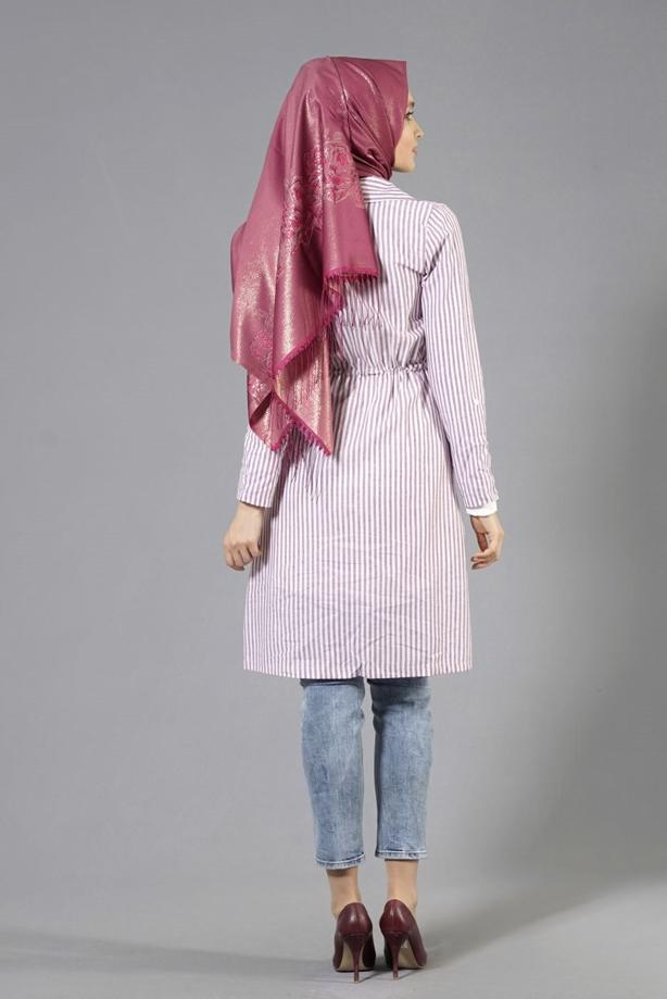 Tesettür giyim  T 282 Hewes Line Çizgi Desen Bağcıklı Ceket - TRENDTESETTÜR