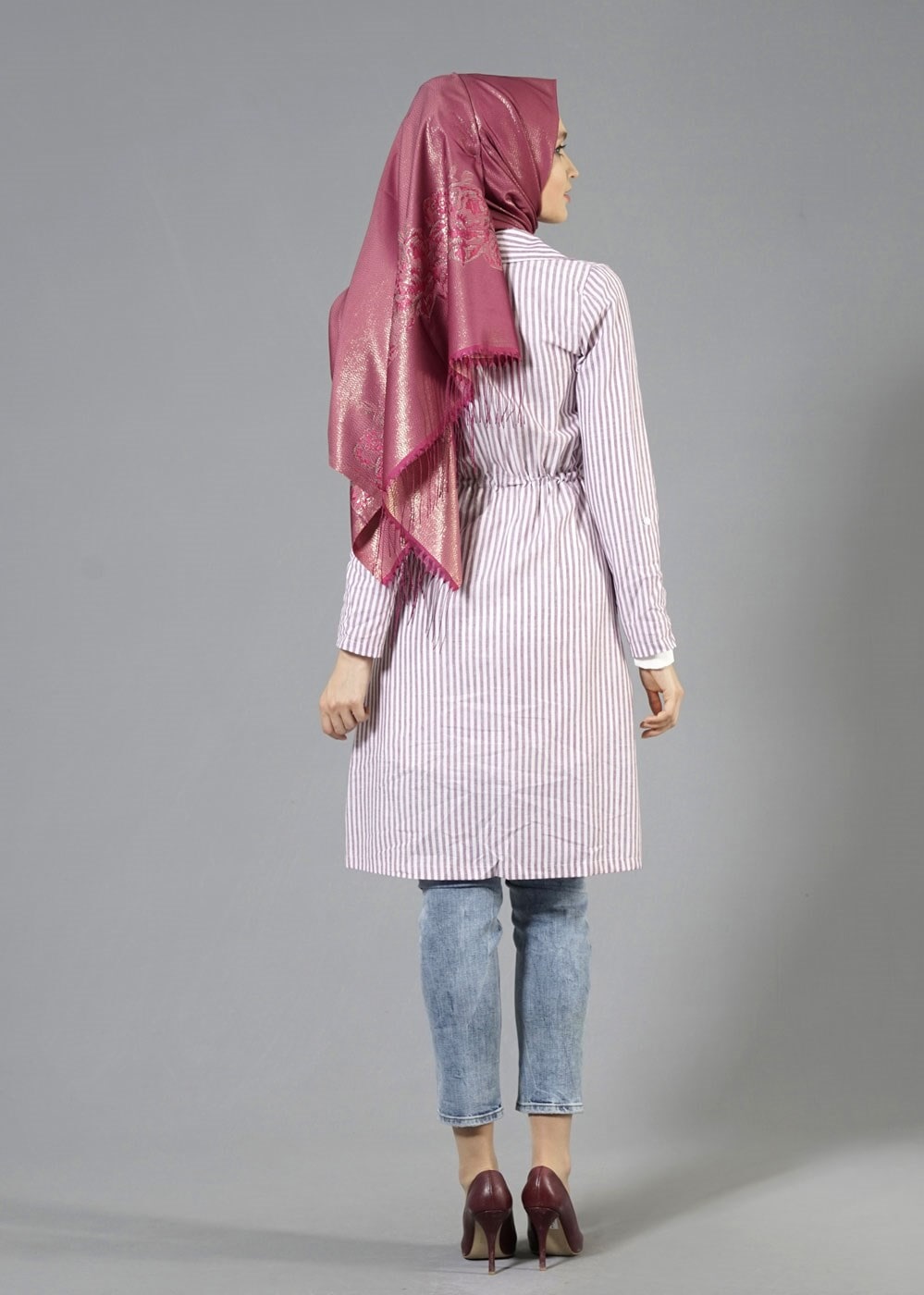 Tesettür giyim MÜRDÜM T 282 Hewes Line Çizgi Desen Bağcıklı Ceket