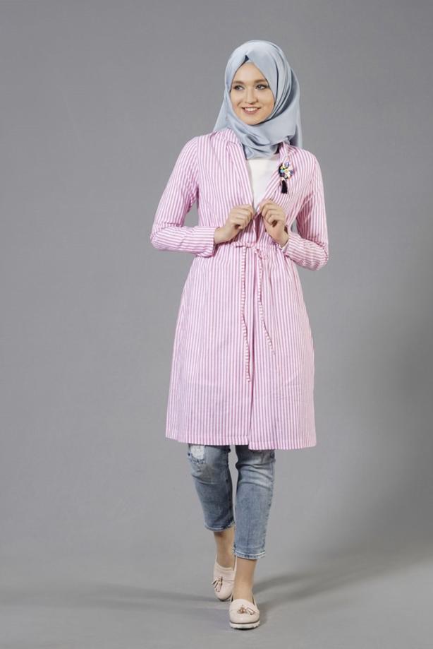 Tesettür giyim  T 282 Hewes Line Çizgi Desen Bağcıklı Ceket - TRENDTESETTÜR