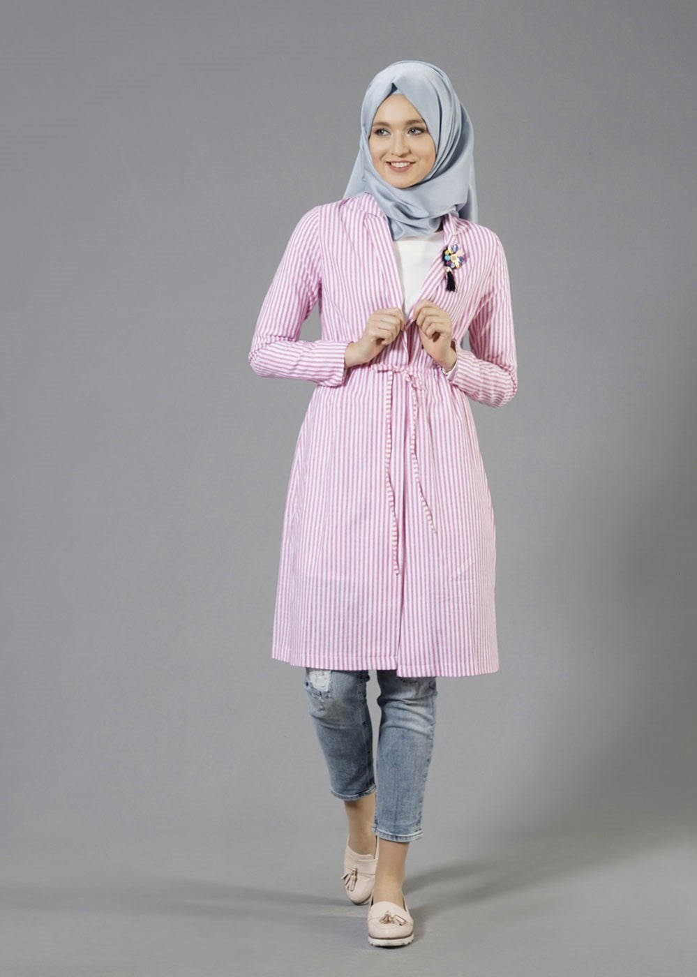 Tesettür giyim PEMBE T 282 Hewes Line Çizgi Desen Bağcıklı Ceket