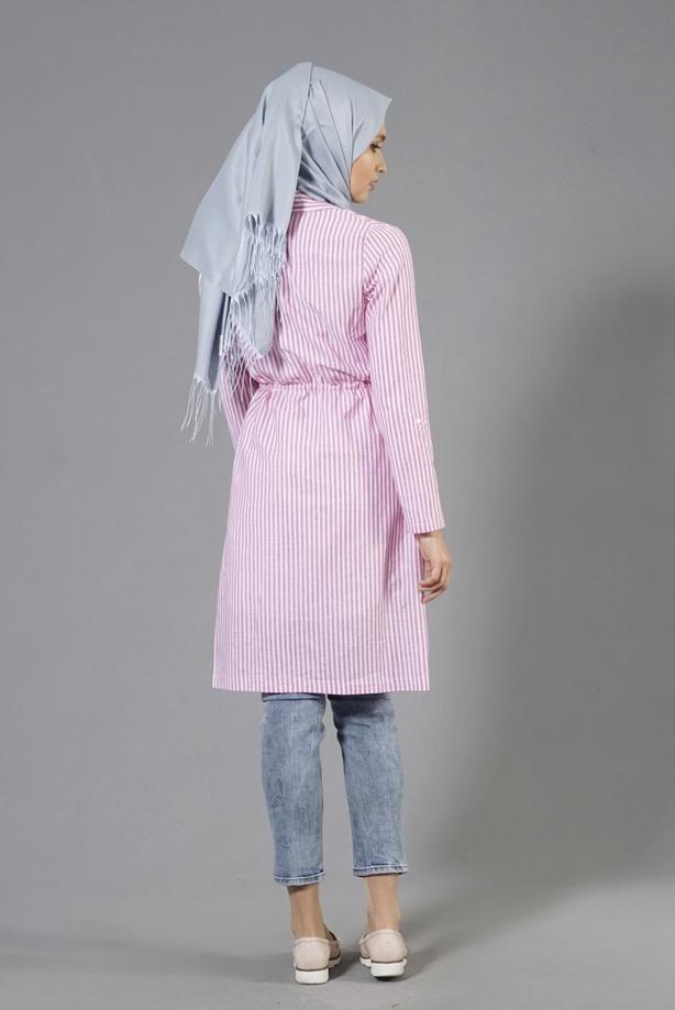 Tesettür giyim  T 282 Hewes Line Çizgi Desen Bağcıklı Ceket - TRENDTESETTÜR