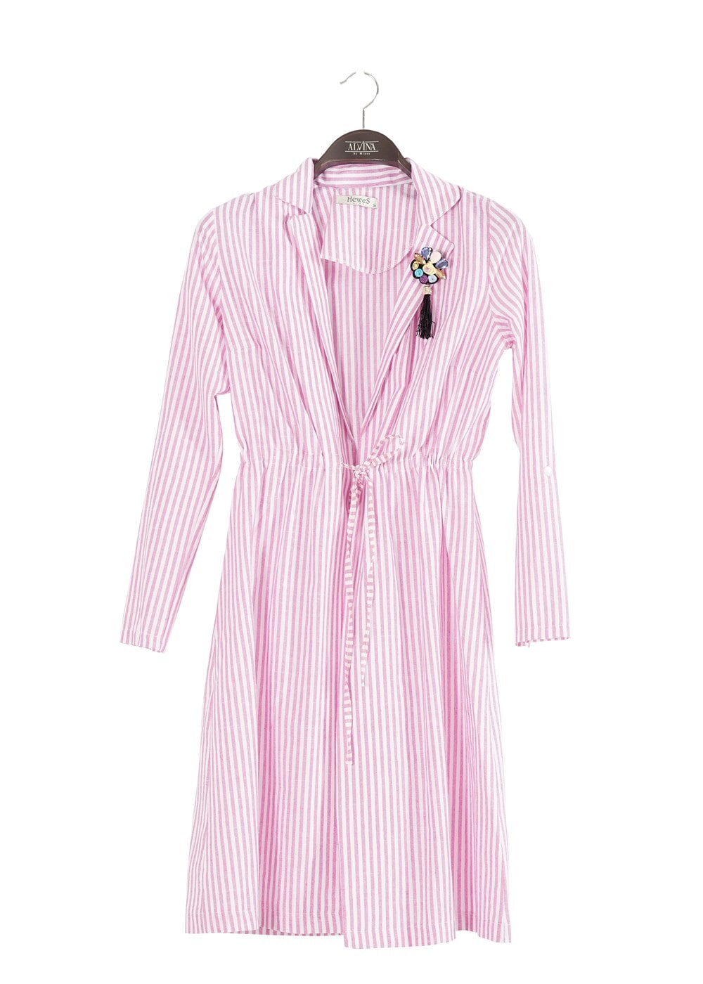 Tesettür giyim PEMBE T 282 Hewes Line Çizgi Desen Bağcıklı Ceket