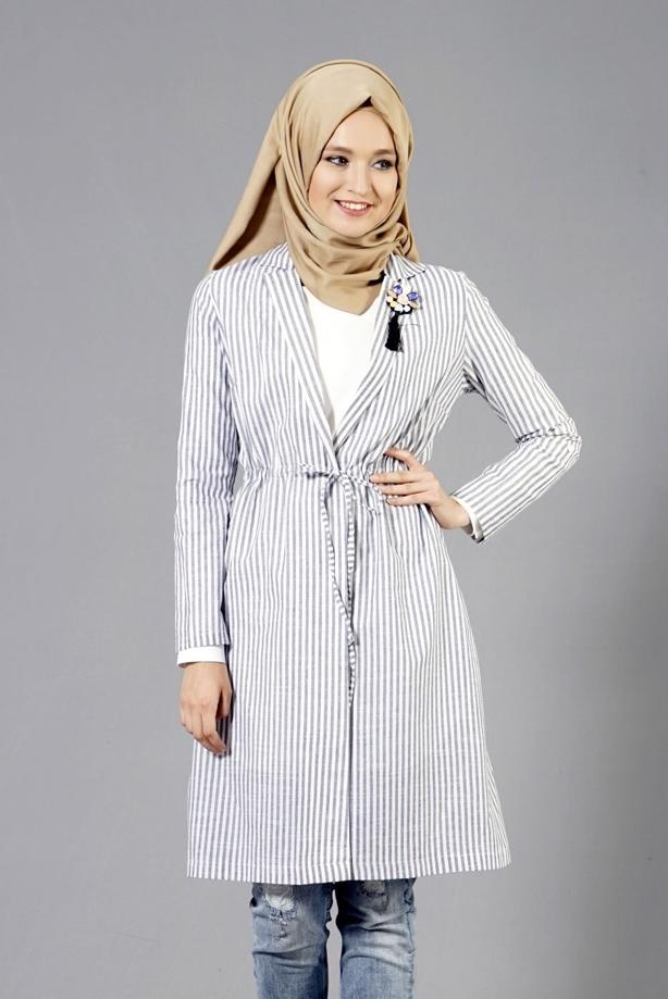 Tesettür giyim  T 282 Hewes Line Çizgi Desen Bağcıklı Ceket - TRENDTESETTÜR