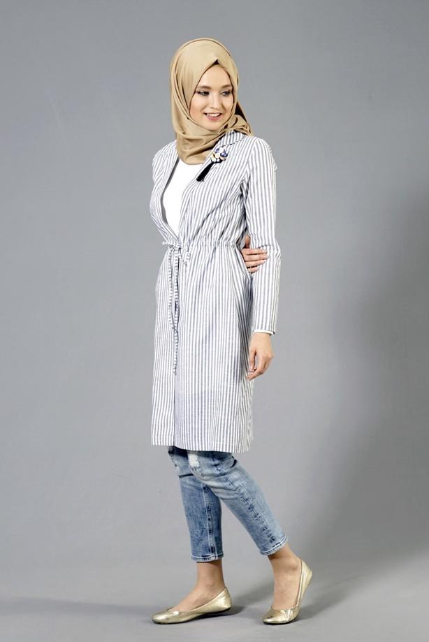 Tesettür giyim  T 282 Hewes Line Çizgi Desen Bağcıklı Ceket - TRENDTESETTÜR