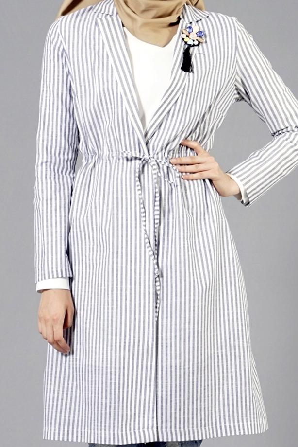 Tesettür giyim  T 282 Hewes Line Çizgi Desen Bağcıklı Ceket - TRENDTESETTÜR