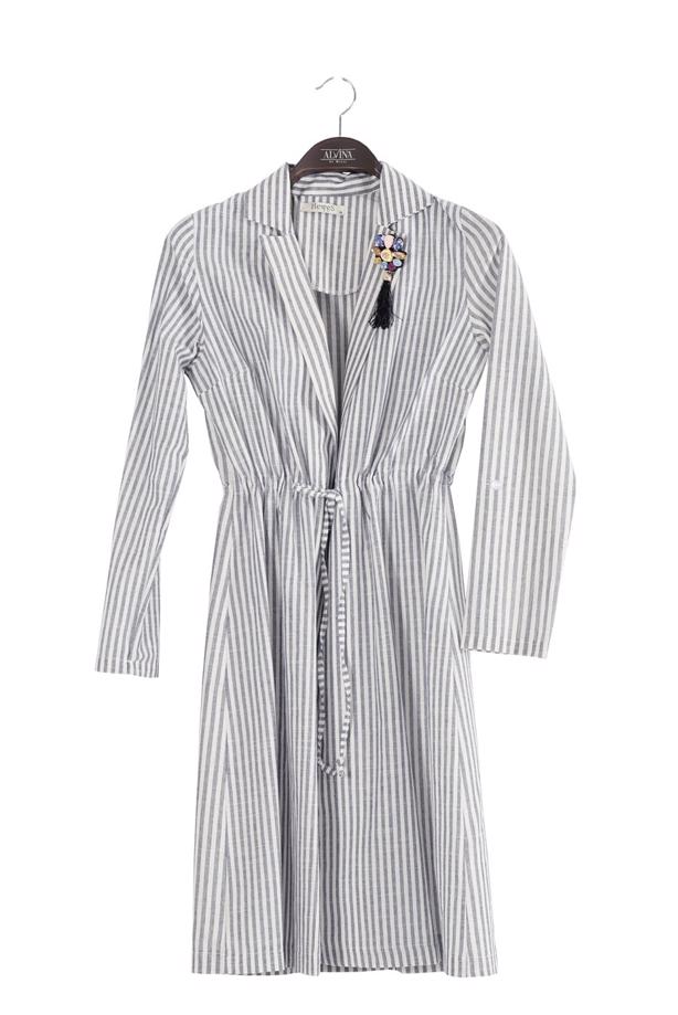 Tesettür giyim  T 282 Hewes Line Çizgi Desen Bağcıklı Ceket - TRENDTESETTÜR