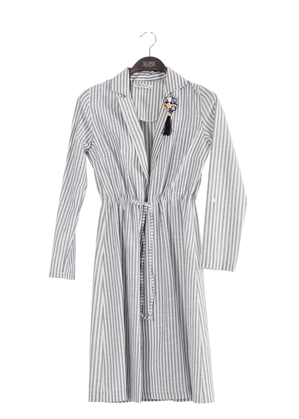 Tesettür giyim GRİ T 282 Hewes Line Çizgi Desen Bağcıklı Ceket