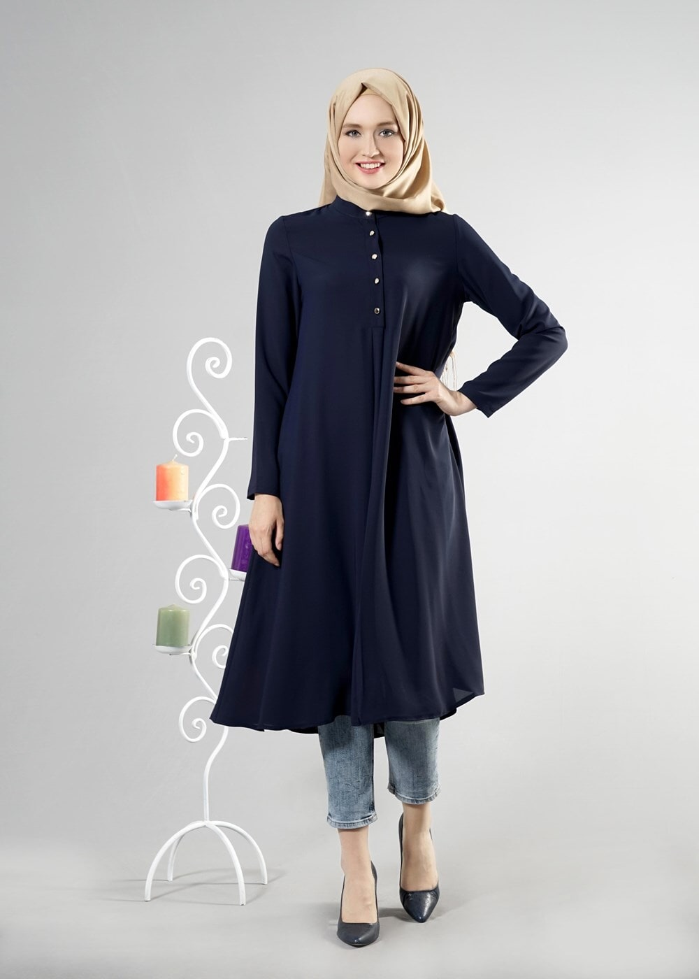 Tesettür giyim LACİVERT T 283 Hewes Line Düğme Detaylı Tunik