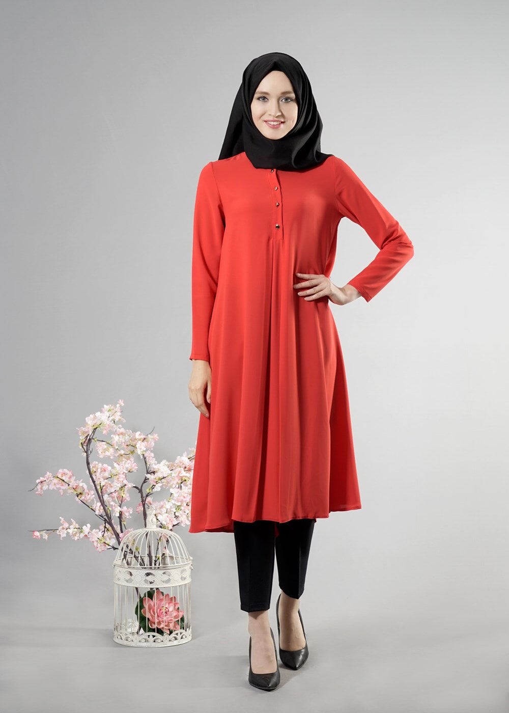 Tesettür giyim YEŞİL T 283 Hewes Line Düğme Detaylı Tunik