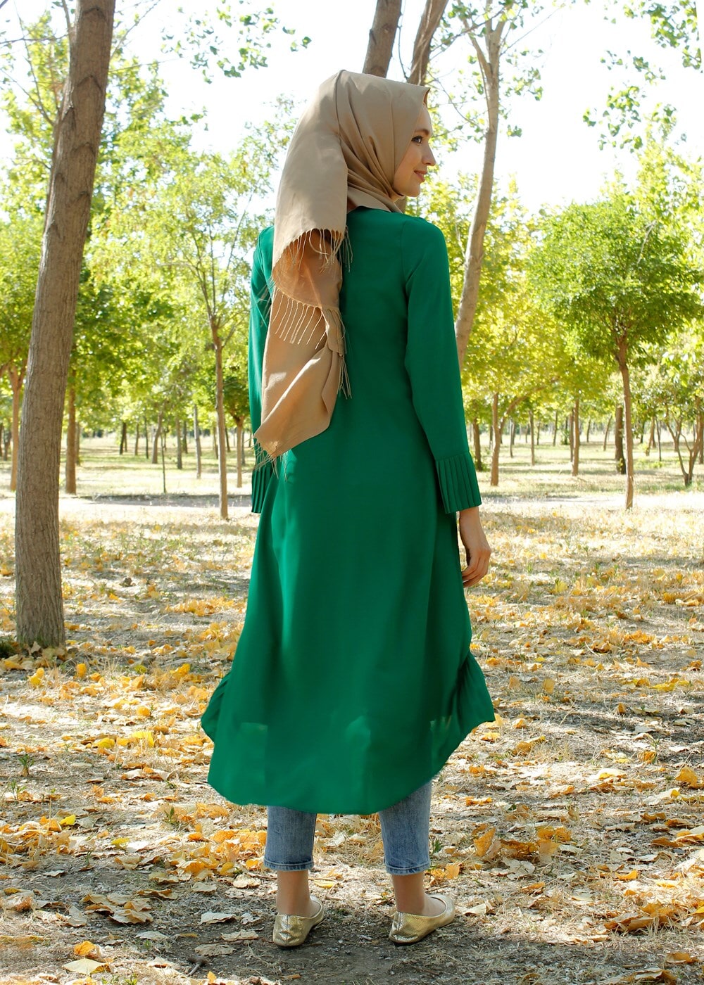 Tesettür giyim YEŞİL T 287 Hewes Line Pilise Detaylı Tunik