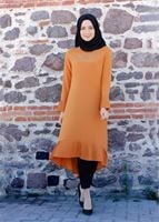 Tesettür giyim TURUNCU T 287 Hewes Line Pilise Detaylı Tunik