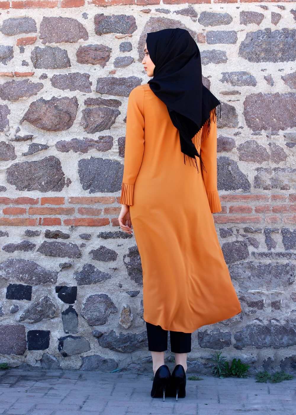 Tesettür giyim TURUNCU T 287 Hewes Line Pilise Detaylı Tunik