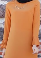 Tesettür giyim TURUNCU T 287 Hewes Line Pilise Detaylı Tunik