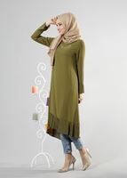 Tesettür giyim HAKİ T 287 Hewes Line Pilise Detaylı Tunik