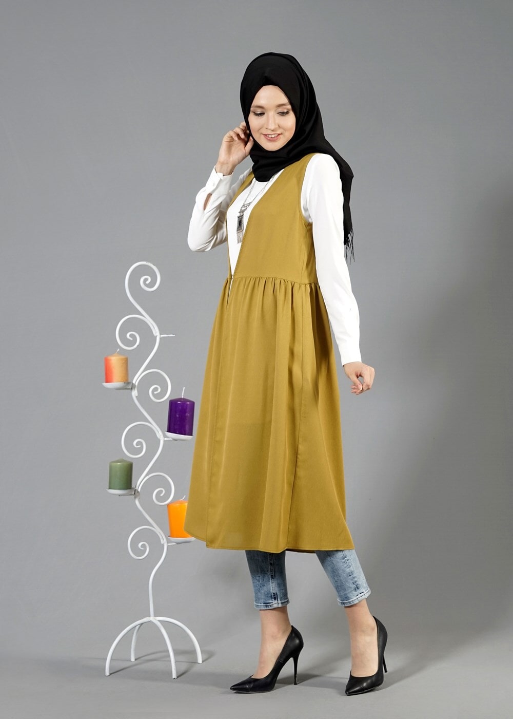 Tesettür giyim TURUNCU T 310 Hewes Line Klipsli Yelek